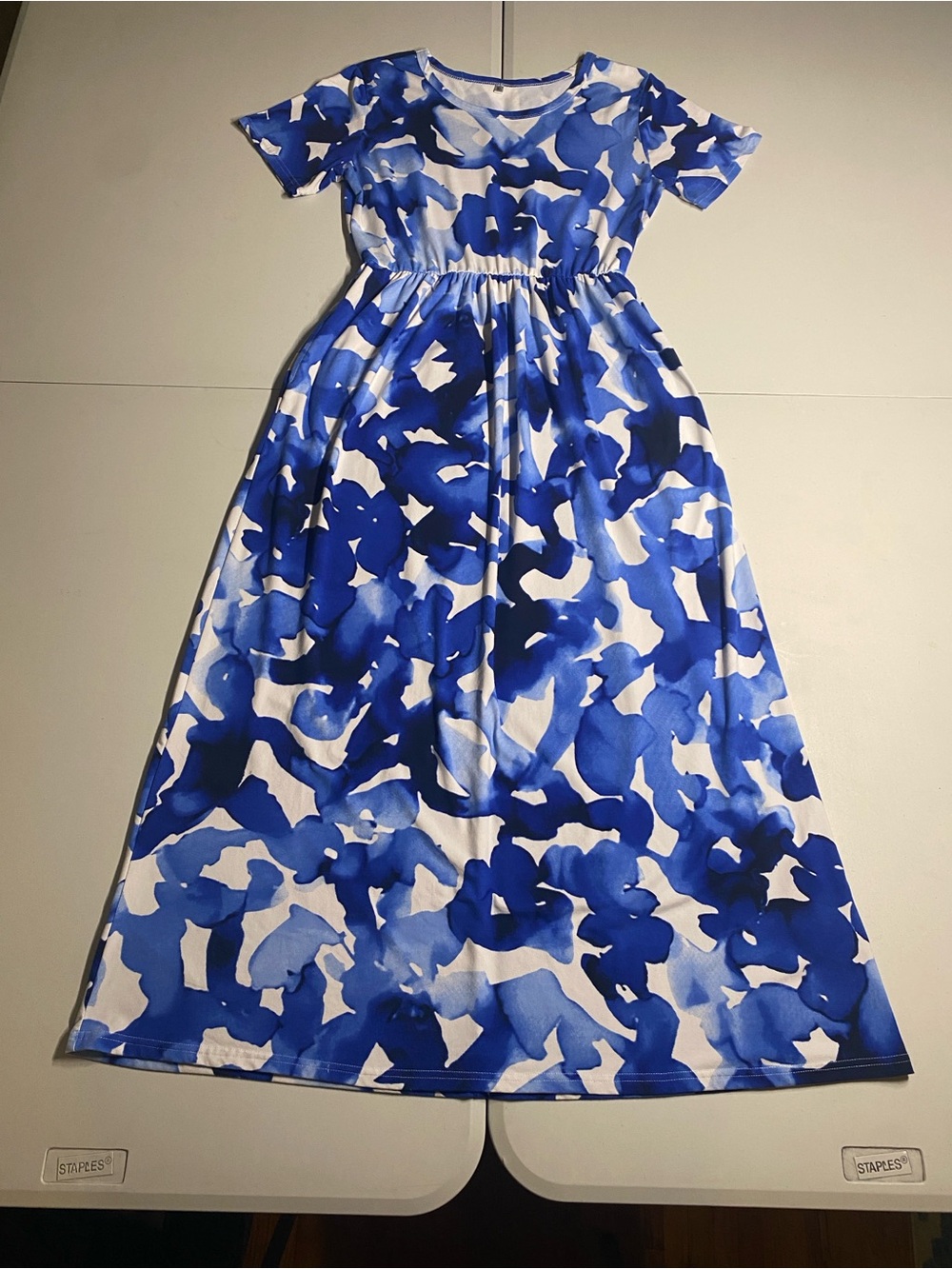 Womens Blue Abstract Print Short-Sleeve Maxi Dress